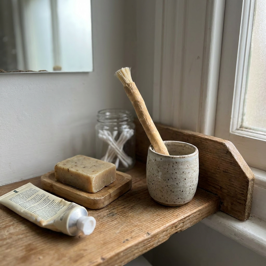 Photo from Maya K.'s review β SiwakStick in a ceramic cup on a wooden bathroom shelf