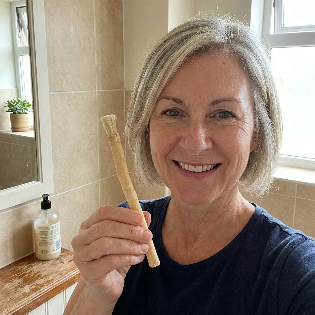 Photo from Sarah N.'s review β customer with short hair smiling and holding a SiwakStick