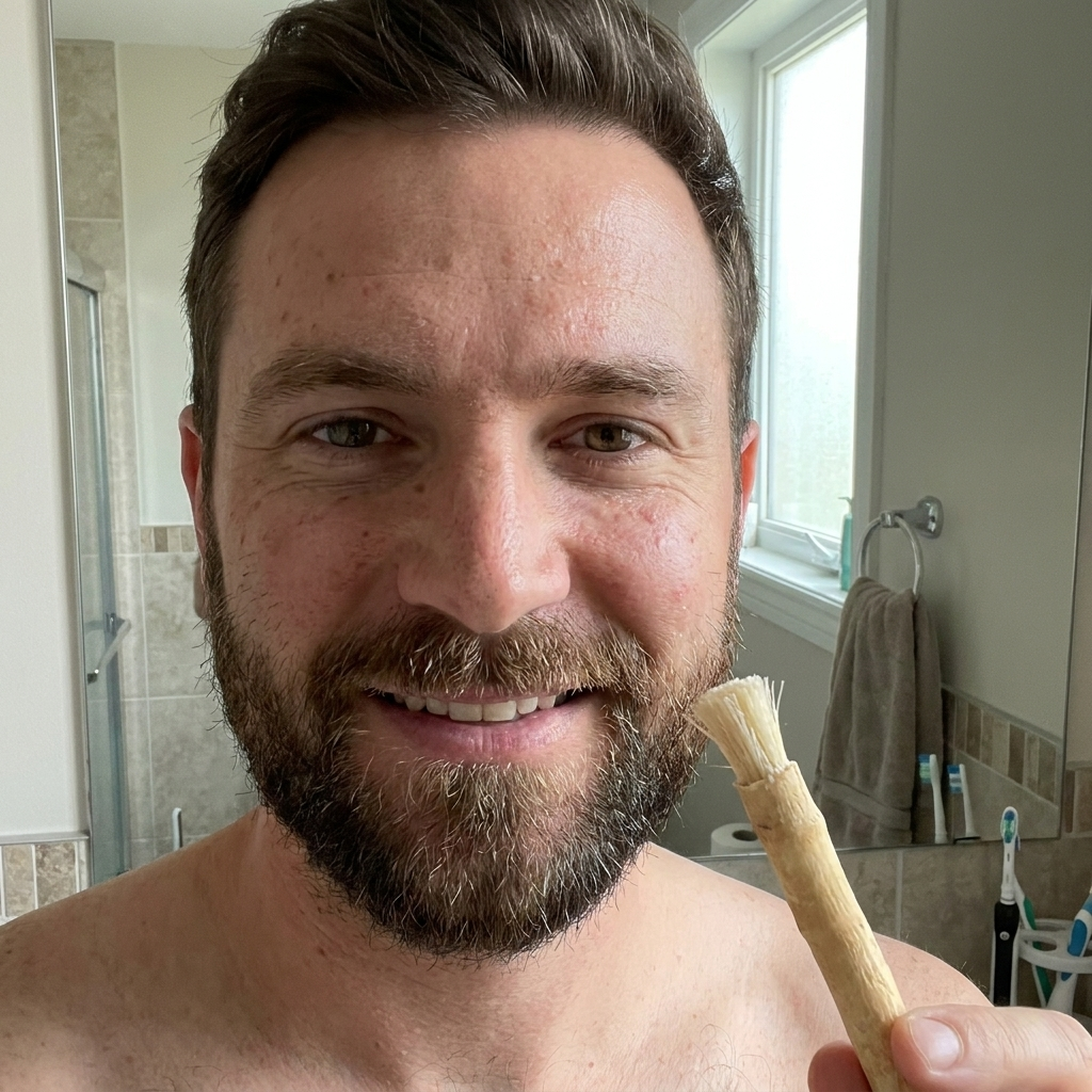 Customer selfie of a bearded man holding a SiwakStick in his home bathroom