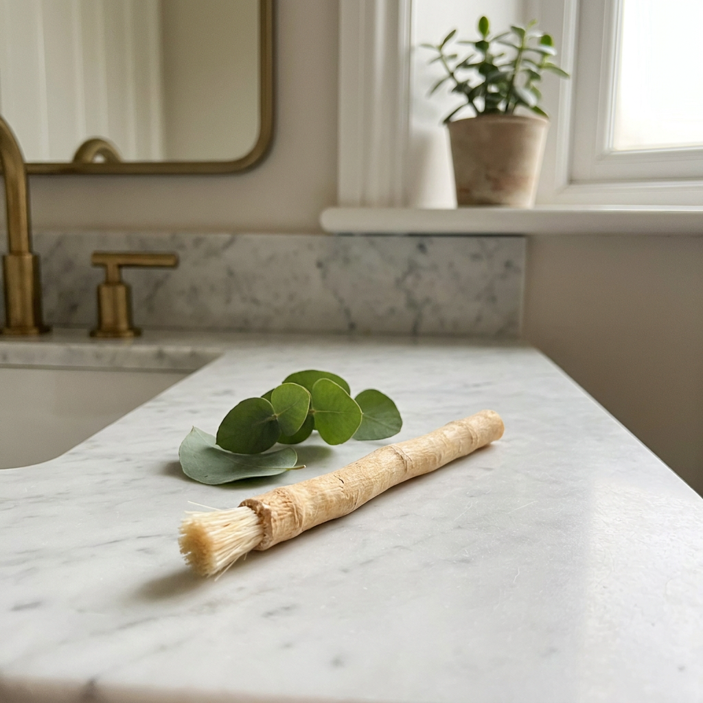 Photo from James R.'s review — SiwakStick on a marble bathroom countertop with green leaves