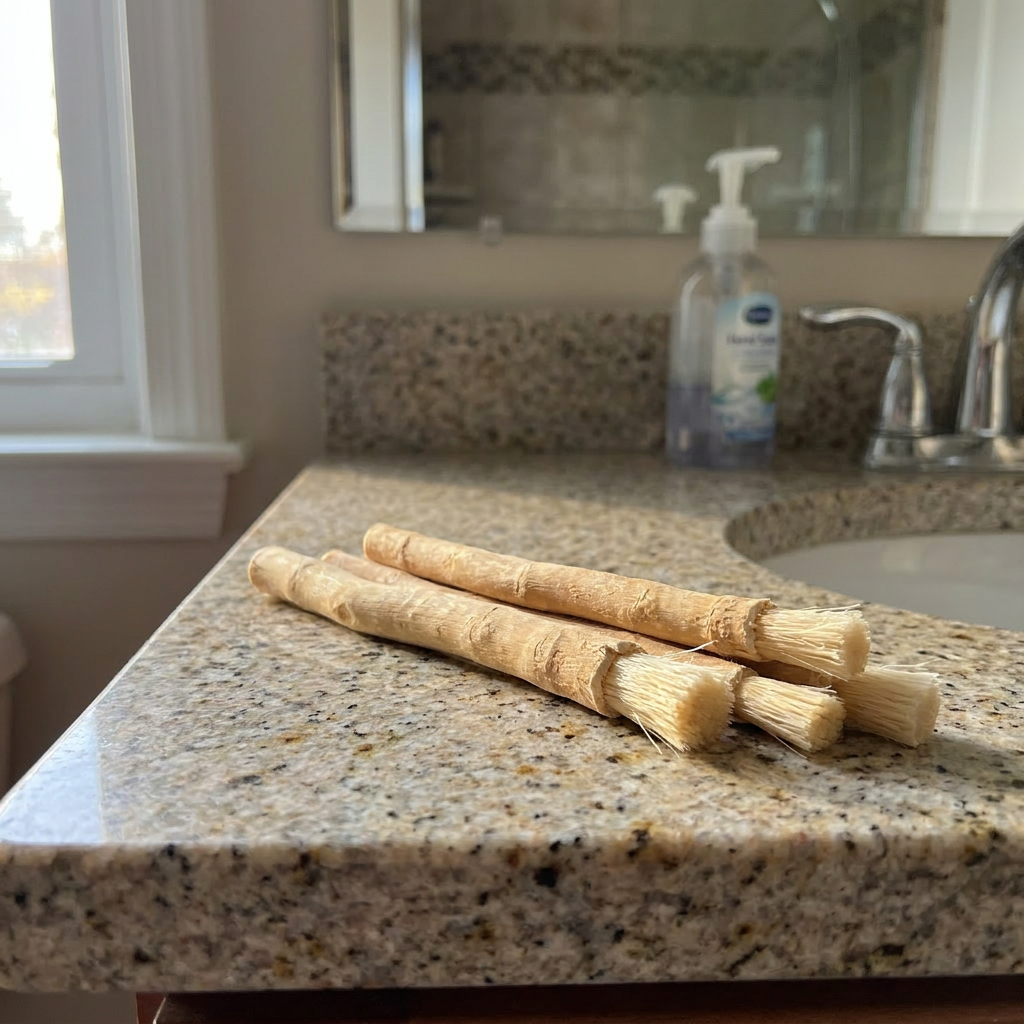 Three SiwakSticks lying side by side on a customer's bathroom bench