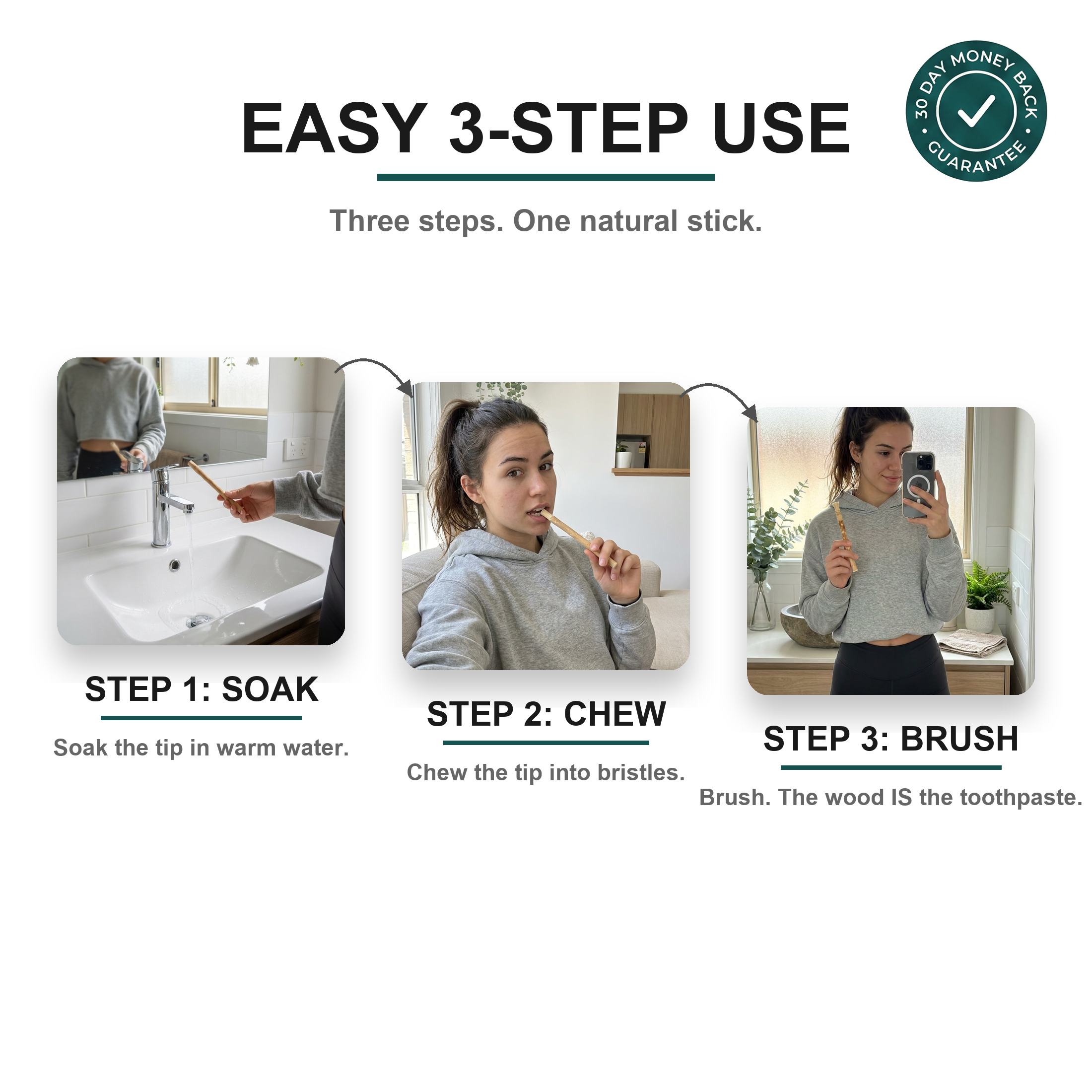The three-step SiwakStick ritual: soak, chew, brush